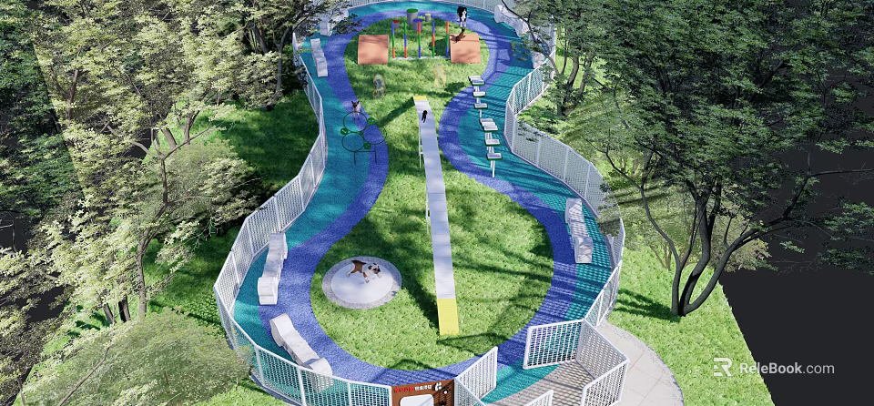 Outdoor Pet Park Featuring Blue Pathway White Fence Slides Benches And Trees 3d model 