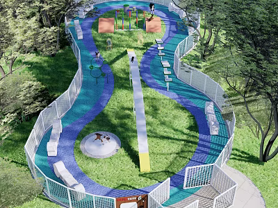 Outdoor Pet Park Featuring Blue Pathway White Fence Slides Benches And Trees 3d model