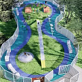 Outdoor Pet Park Featuring Blue Pathway White Fence Slides Benches And Trees