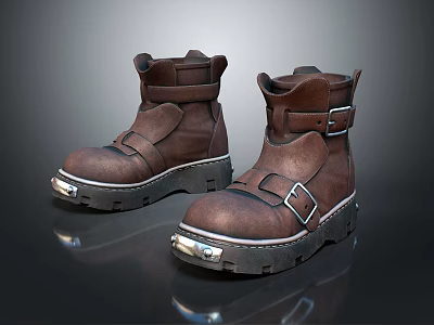Brown Leather Work Boots With Buckle Straps Thick Rubber Soles And Reflective Toes 3d model