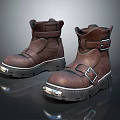Brown Leather Work Boots With Buckle Straps Thick Rubber Soles And Reflective Toes