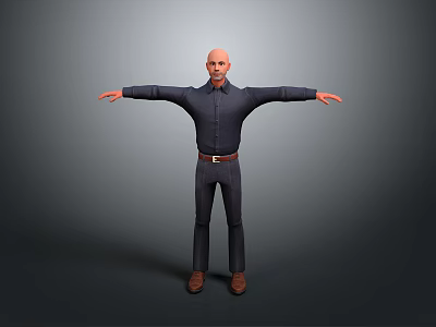 Bald Man In Dark Shirt Pants With Brown Belt Shoes Arms Outstretched Against Gray Background 3d model