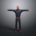 Bald Man In Dark Shirt Pants With Brown Belt Shoes Arms Outstretched Against Gray Background