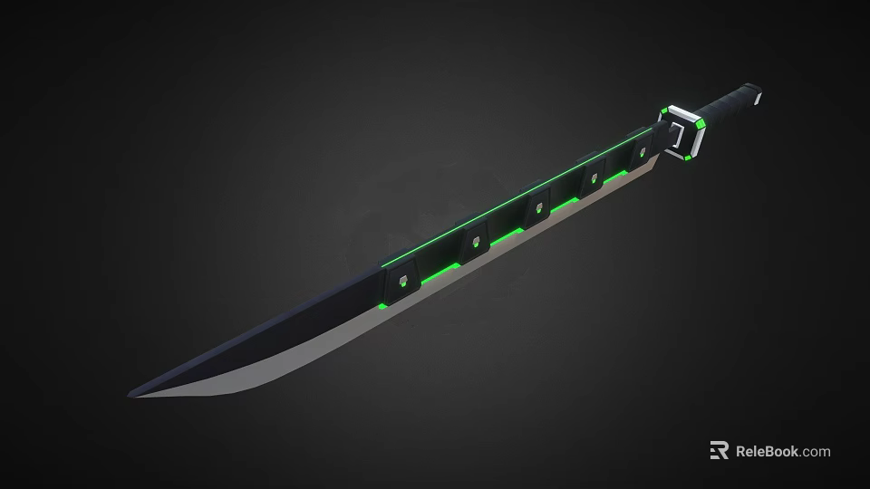 Modern Weapon Design Long Sword With Black Handle Green Accents Metal Fittings And Sharp Blade 3d model 