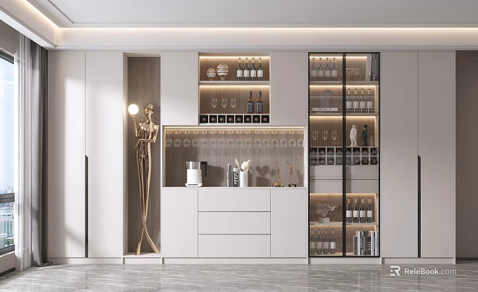 Elegant Modern Wine Cabinet With Glass Doors LED Lighting And Wine Displays 3d model 