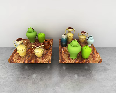 Colorful Ceramic Vessels On Wooden Shelves With White Wall And Gray Floor Background 3d model