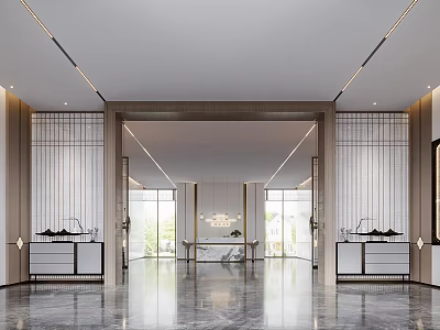 Modern Reception Area With Front Desk Wooden Grilles Marble Floor And Natural Light 3d model
