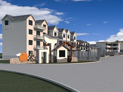 Modern Townhouses Residential Exterior With Entrance Sign Green Lawn And Blue Sky 3d model