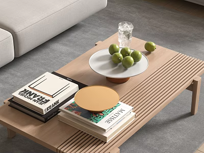 Stacked Books And Magazines On Wooden Coffee Table With Green Apples And Glass Of Water 3d model