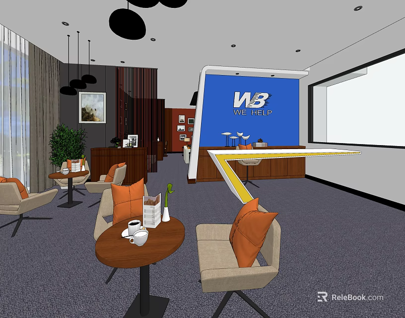 Hotel Public Lounge Interior With Comfortable Sofas Coffee Tables Pendant Lights And Blue Sign 3d model 