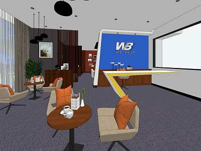 Hotel Public Lounge Interior With Comfortable Sofas Coffee Tables Pendant Lights And Blue Sign 3d model