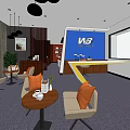 Hotel Public Lounge Interior With Comfortable Sofas Coffee Tables Pendant Lights And Blue Sign