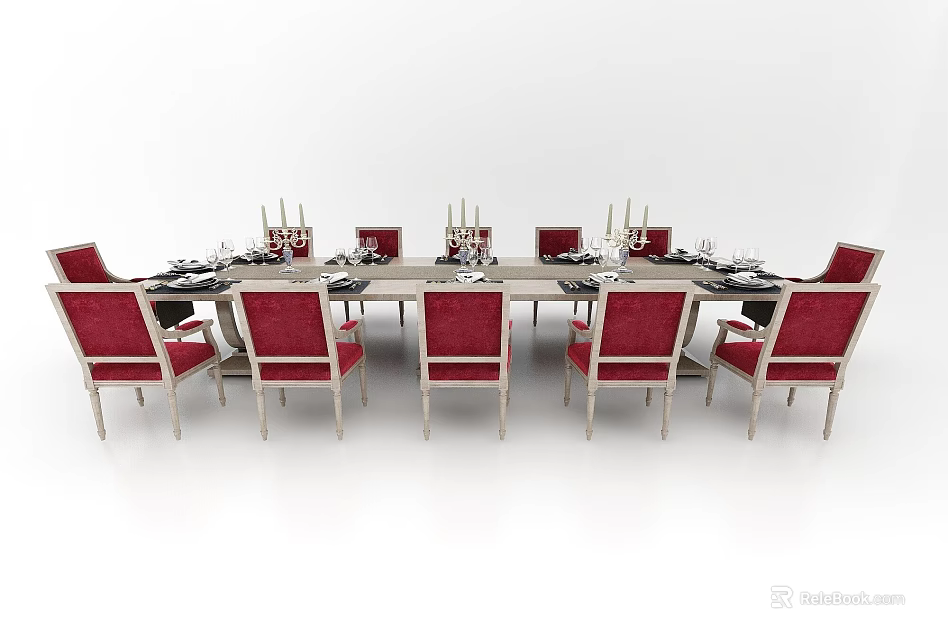Elegant Dining Table Arrangement With Red Chairs Table Settings And Candle Holders 3d model