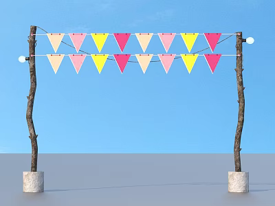 Garden Ornament With Trunk Supports Cement Bases And Colorful Triangular Flags Against Blue Sky 3d model
