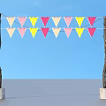 Garden Ornament With Trunk Supports Cement Bases And Colorful Triangular Flags Against Blue Sky