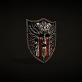 Ornate Metal Shield With Intricate Carved Mask Design And Red Stripes