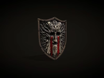 Ornate Metal Shield With Intricate Carved Mask Design And Red Stripes 3d model