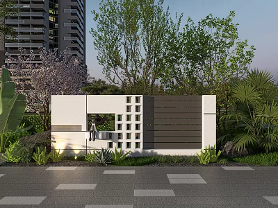 Modern White Scenic Feature Wall With Lattice Design Greenery And Building Background Lighting 3d model