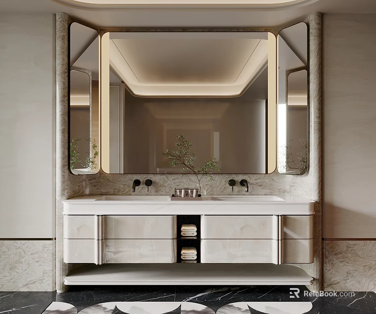 Modern Bathroom Vanity With Framed Mirror Marble Countertop And Storage Drawers 3d model 
