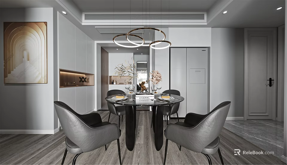 Modern Minimalist Dining Living Room Interior With Round Table Black Chairs And Circular Pendant Lights 3d model 