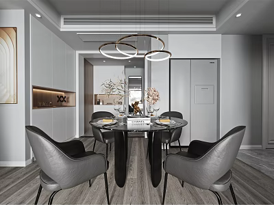 Modern Minimalist Dining Living Room Interior With Round Table Black Chairs And Circular Pendant Lights 3d model