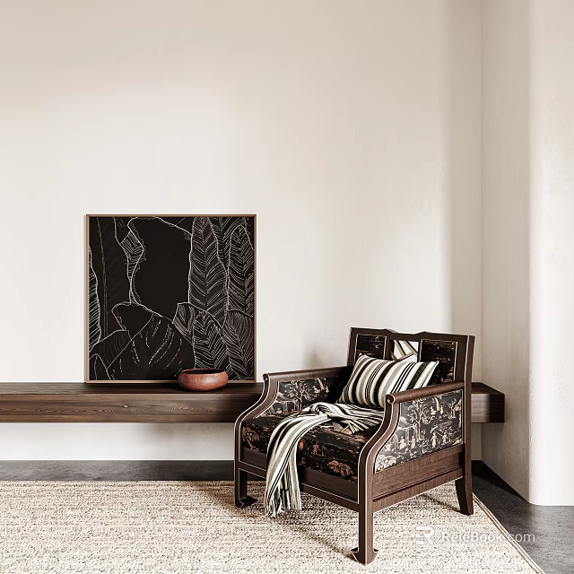 Single Sofa In Minimalist Interior With Striped Cushion Throw Blanket And Black Line Art Painting 3d model 