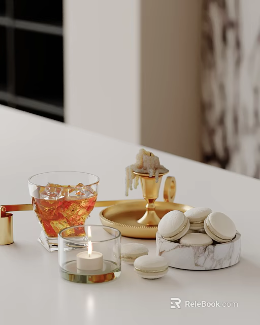 Decorative Ornament Combination With Gold Candle Holder Glass Cup Tray And Macarons 3d model 