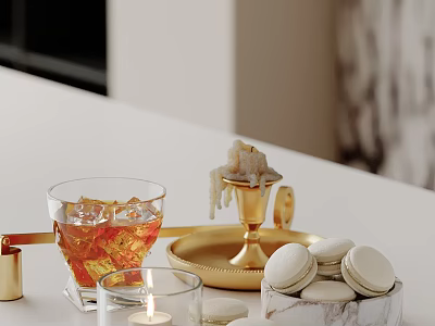 Decorative Ornament Combination With Gold Candle Holder Glass Cup Tray And Macarons 3d model