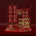 Red Themed New Year Decoration with Lanterns Fu Character and Golden Happy New Year Text