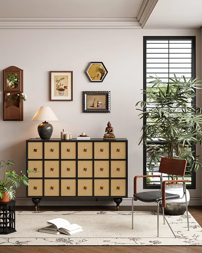 Stylish Entryway Cabinet Sideboard With Framed Artworks Table Lamp Decorative Items And Potted Plant 3d model