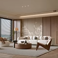 Modern Elegant Living Room Interior With Large Windows Beige Sofa And Wooden Decor