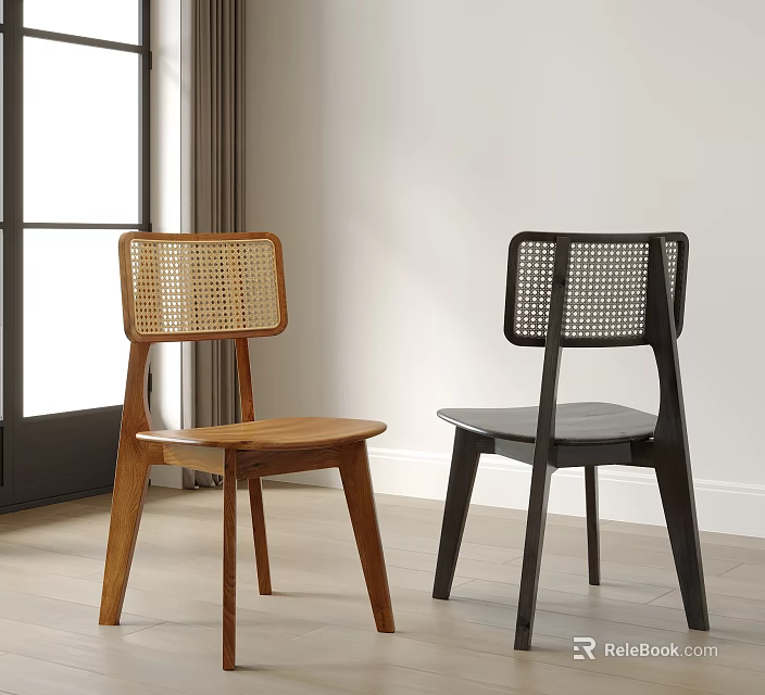 Modern Minimalist Wooden And Black Dining Chairs With Woven Backrest In Interior Space 3d model 