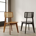 Modern Minimalist Wooden And Black Dining Chairs With Woven Backrest In Interior Space