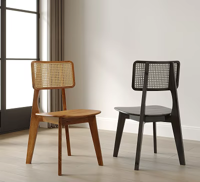 Modern Minimalist Wooden And Black Dining Chairs With Woven Backrest In Interior Space 3d model