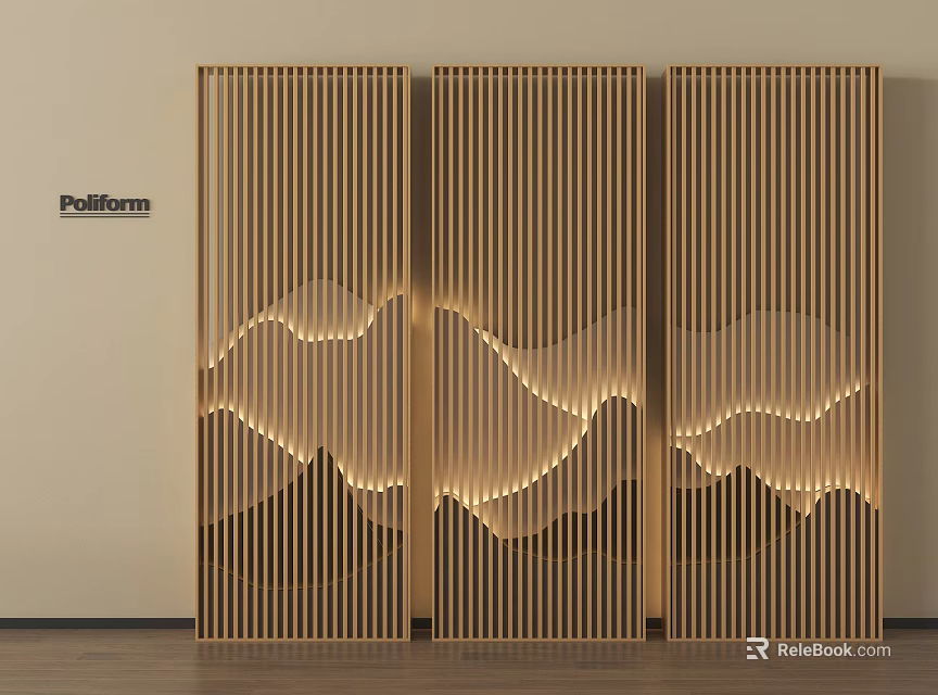 Modern Wooden Slat Screen With Three Panel Illuminated Wave Pattern Design 3d model