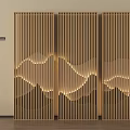 Modern Wooden Slat Screen With Three Panel Illuminated Wave Pattern Design 3d model