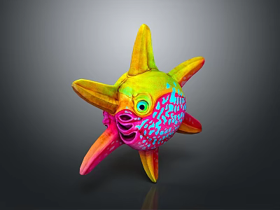 Colorful Star Shaped 3D Rendered Object With Vibrant Yellow Pink Blue Hues And Green Eye 3d model