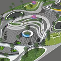 Commercial Landscape Design With Curved Pathways Green Lawns Geometric Structures And Trees