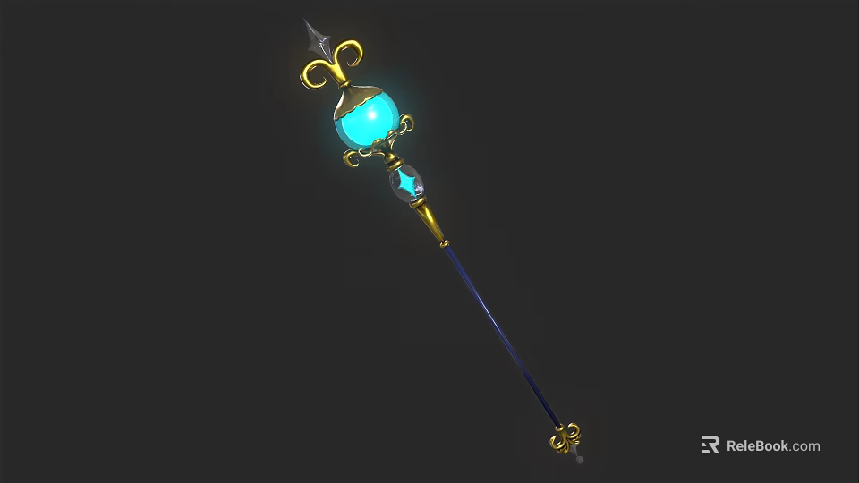 Enchanted Glowing Blue Gem Staff With Golden Decorations And Long Pole 3d model 