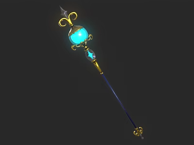 Enchanted Glowing Blue Gem Staff With Golden Decorations And Long Pole 3d model