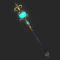 Enchanted Glowing Blue Gem Staff With Golden Decorations And Long Pole
