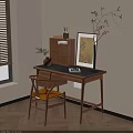 Wooden Desk Interior with Chair Vase Stationery Framed Art and Drawer Cabinet