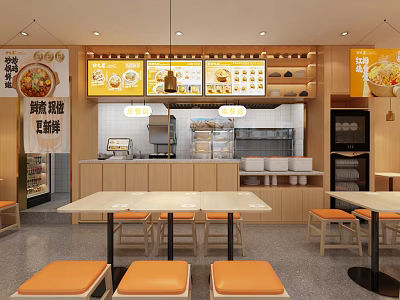 Modern Restaurant Interior Featuring Wooden Counter Tables Orange Stools And Menu Displays 3d model