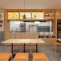 Modern Restaurant Interior Featuring Wooden Counter Tables Orange Stools And Menu Displays