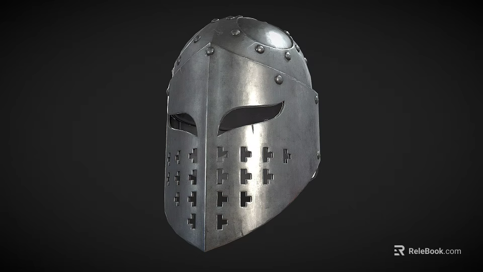 Silver Metal Helmet With Decorative Rivets Face Mask And Cross Shaped Holes 3d model 