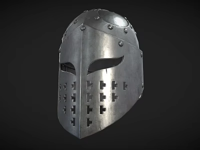 Silver Metal Helmet With Decorative Rivets Face Mask And Cross Shaped Holes 3d model