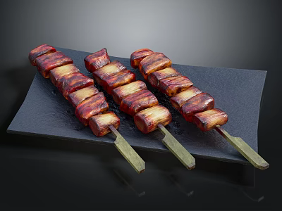 Three Roasted Pork Belly Skewers On Black Slate Plate With Glossy Surface 3d model
