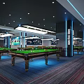 Modern Billiard Room Interior With Pool Table Leather Sofas TV Screens And City View Windows 3d model