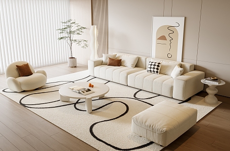 Modern Sofa Coffee Table Combination Sofa Stool Lazy Sofa Hanging Picture Green Plant Floor Lamp 3d model