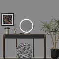 Modern Dressing Table with Round Lighted Mirror Patterned Stool Potted Plant and Wall Art 3d model
